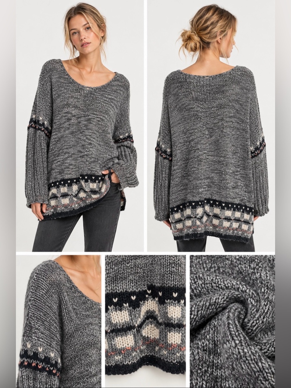 Free People Alpine Sweater Gray Fair Isle Chunky Knit Oversized Boho Cozy Small